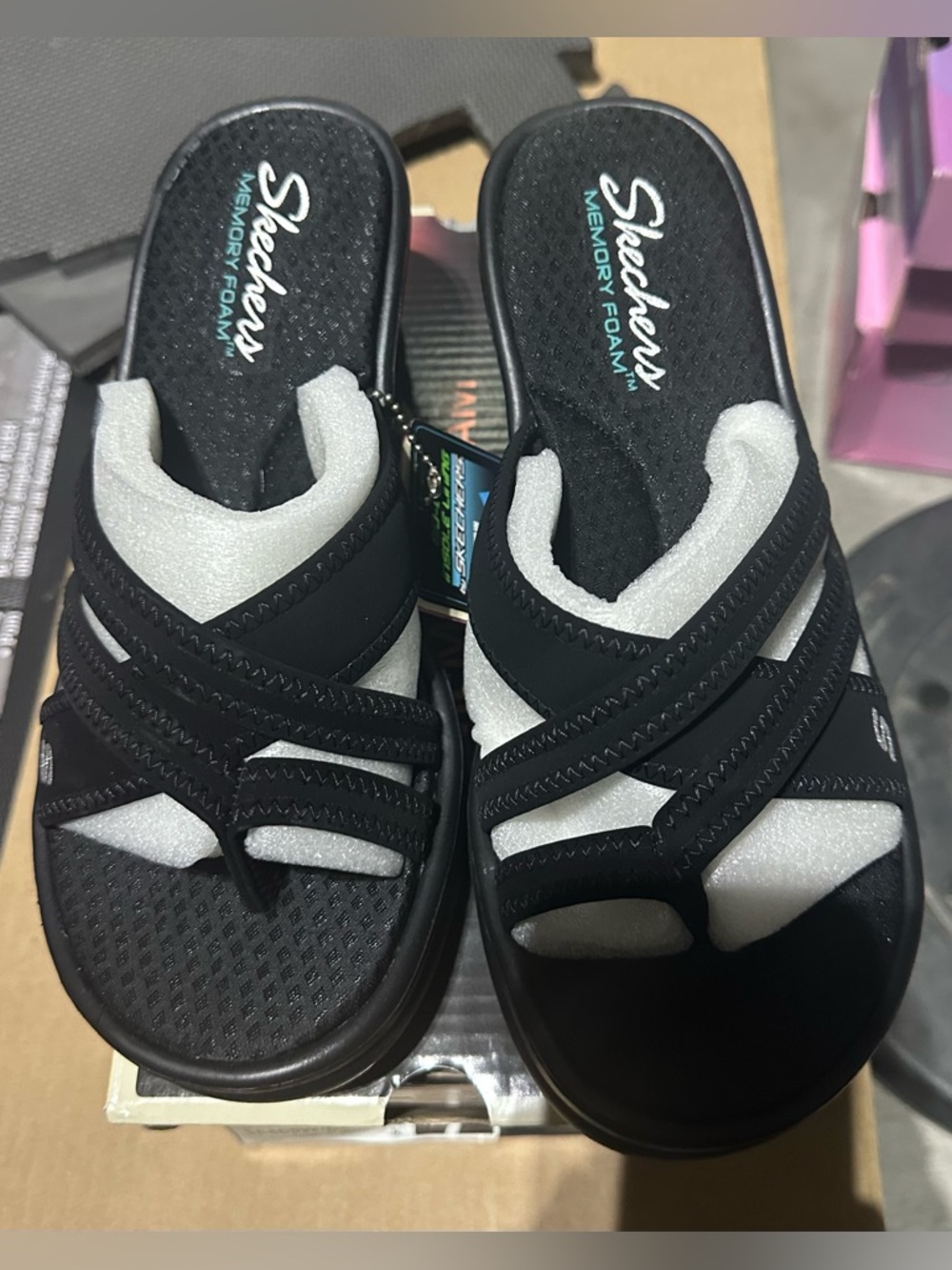 Skechers Black Cross-Strap Memory Foam Slides